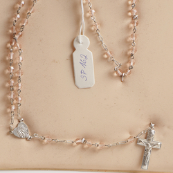 Vintage 5 decade religious rosary crucifix rosaline pink faceted Czech glass beads sample card