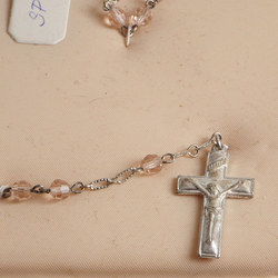 Vintage 5 decade religious rosary crucifix rosaline pink faceted Czech glass beads sample card