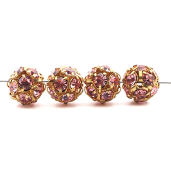 Rhinestone gold tone metal ball beads 12 mm Rosa Pink Czech glass lot 8pcs