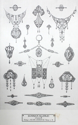 Art Nouveau German brooch, ring, earring and pendant technical design print catalogue page "Schmuck-Allerlei"