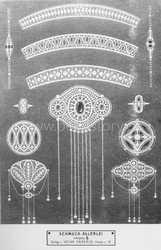 Art Nouveau ring, pendant, tiara and brooch technical design print catalogue page "Schmuck-Allerlei" Germany