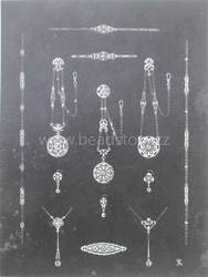 Art Nouveau earring, brooch and necklace technical design print catalogue page Germany 1900's