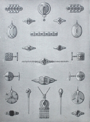 Art Nouveau brooch, cufflink, ring, hatpin technical design print catalogue page German 1900's