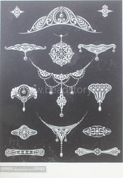 Art Nouveau German necklace, earring, tiara and brooch technical design print "Schmuck Kasten" Hanau 1900's
