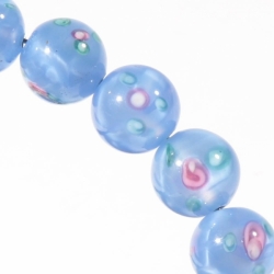 Lot (5) 10mm vintage Czech blue satin swirl with pink satin detail lampwork glass beads