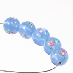 Lot (5) 10mm vintage Czech blue satin swirl with pink satin detail lampwork glass beads