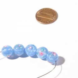 Lot (5) 10mm vintage Czech blue satin swirl with pink satin detail lampwork glass beads