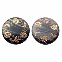 Lot (2) 24mm vintage Czech 14k gold gilt rose floral black striped art glass buttons