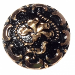 28mm Vintage Czech black Nouveau style flower 14k gilt black glass button ONYX