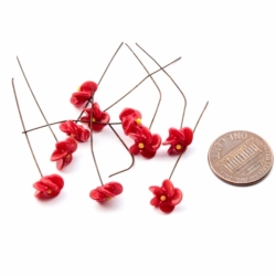 Lot (10) 10mm Vintage Czech micro lampwork red flower headpin art glass beads