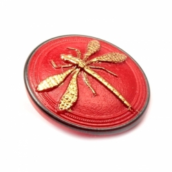 30mm Czech Vintage hand 14k gold gilt red dragonfly art glass button