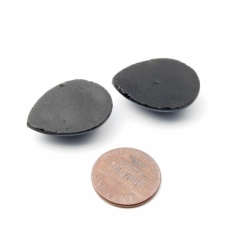 Lot (2) 25x18mm Czech vintage haematite metallic black teardrop glass cabochons