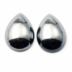 Lot (2) 25x18mm Czech vintage haematite metallic black teardrop glass cabochons