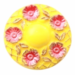 23mm Czech Vintage red hand painted floral gilt yellow art glass button