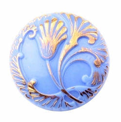 27mm Czech Vintage 14k gold gilt floral blue hand molded art glass button