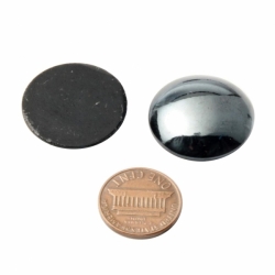 Lot (2) 25mm large Czech vintage haematite metallic black round glass cabochons