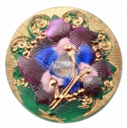 27mm Czech Vintage 14k gold gilt reverse painted flower lacy glass button