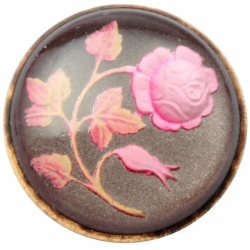 30mm Antique Czech Victorian intaglio painted rose floral 2 part metal mounted glass button