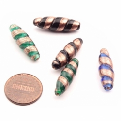 Lot (5) 24mm vintage Czech aventurine goldstone spiral ribbed bicolor lampwork oval glass beads