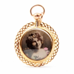 Antique Czech double sided rolled gold scroll litho photo portrait locket pendant