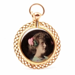 Antique Czech double sided rolled gold scroll litho photo portrait locket pendant