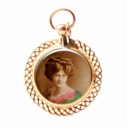 Antique Czech double sided gold scroll litho photo portrait locket necklace pendant