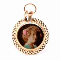 Antique Czech double sided gold scroll litho photo portrait locket necklace pendant