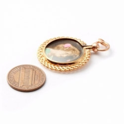 Antique Czech double sided gold scroll litho photo portrait locket necklace pendant