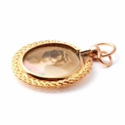 Antique Czech double sided gold scroll litho photo portrait locket necklace pendant