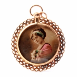 Antique Czech double side rolled gold scroll lithograph portrait locket pendant