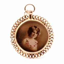 Antique Czech double side rolled gold scroll lithograph portrait locket necklace pendant