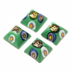 Lot (4) 15mm Czech vintage millefiori green square domed Venetian glass cabochons