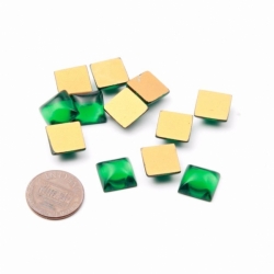 Lot (12) 12mm Czech vintage foiled green square domed glass cabochons