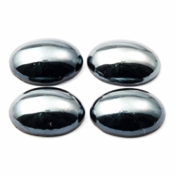 Lot (4) 25x18mm Czech vintage haematite metallic black oval glass cabochons