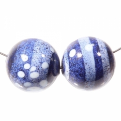 Lot (2) 17mm Czech lampwork glass beads abstract spatter marbled blue faux gemstone