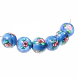 Lot (6) 12mm vintage Czech lampwork pink satin floral and blue satin under crystal bicolor glass beads.