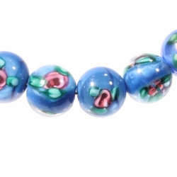 Lot (6) 12mm vintage Czech lampwork pink satin floral and blue satin under crystal bicolor glass beads.