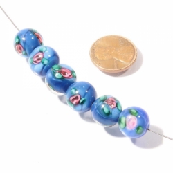 Lot (6) 12mm vintage Czech lampwork pink satin floral and blue satin under crystal bicolor glass beads.