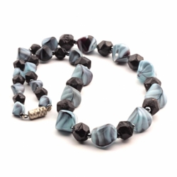 Vintage Czech necklace grey striped satin marble black English cut glass beads