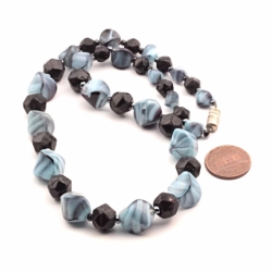 Vintage Czech necklace grey striped satin marble black English cut glass beads