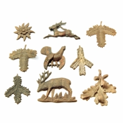 Lot (9) Czech 1920's Vintage realistic stag fir oak ptarmigan metal jewelry stampings