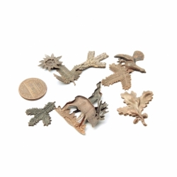 Lot (9) Czech 1920's Vintage realistic stag fir oak ptarmigan metal jewelry stampings