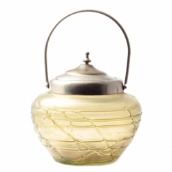Art Nouveau Alpaca silver olive green iridescent threaded glass jar bowl Loetz