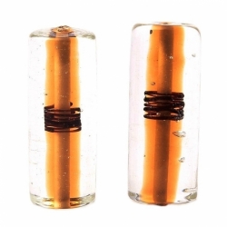 Lot (2) 31mm Vintage Czech lampwork amber black spiral lined cylinder glass beads