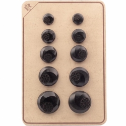 Sample card (10) Czech 1920s Deco vintage large black spiral faceted flower glass buttons