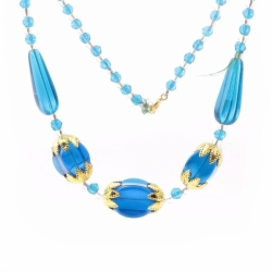 Vintage Czech necklace blue English cut oval teardrop silver lined glass beads