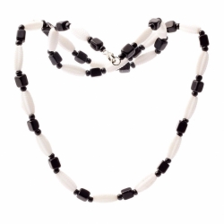 Vintage Czech necklace black cube white feathered square oval glass beads