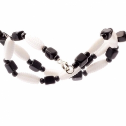 Vintage Czech necklace black cube white feathered square oval glass beads