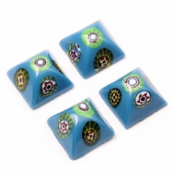 Lot (4) 15mm Czech vintage millefiori blue square domed Venetian glass cabochons