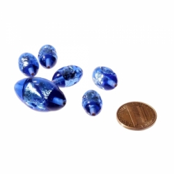Lot (6) vintage Czech lampwork foil band bumpy overlay sapphire blue oval glass beads